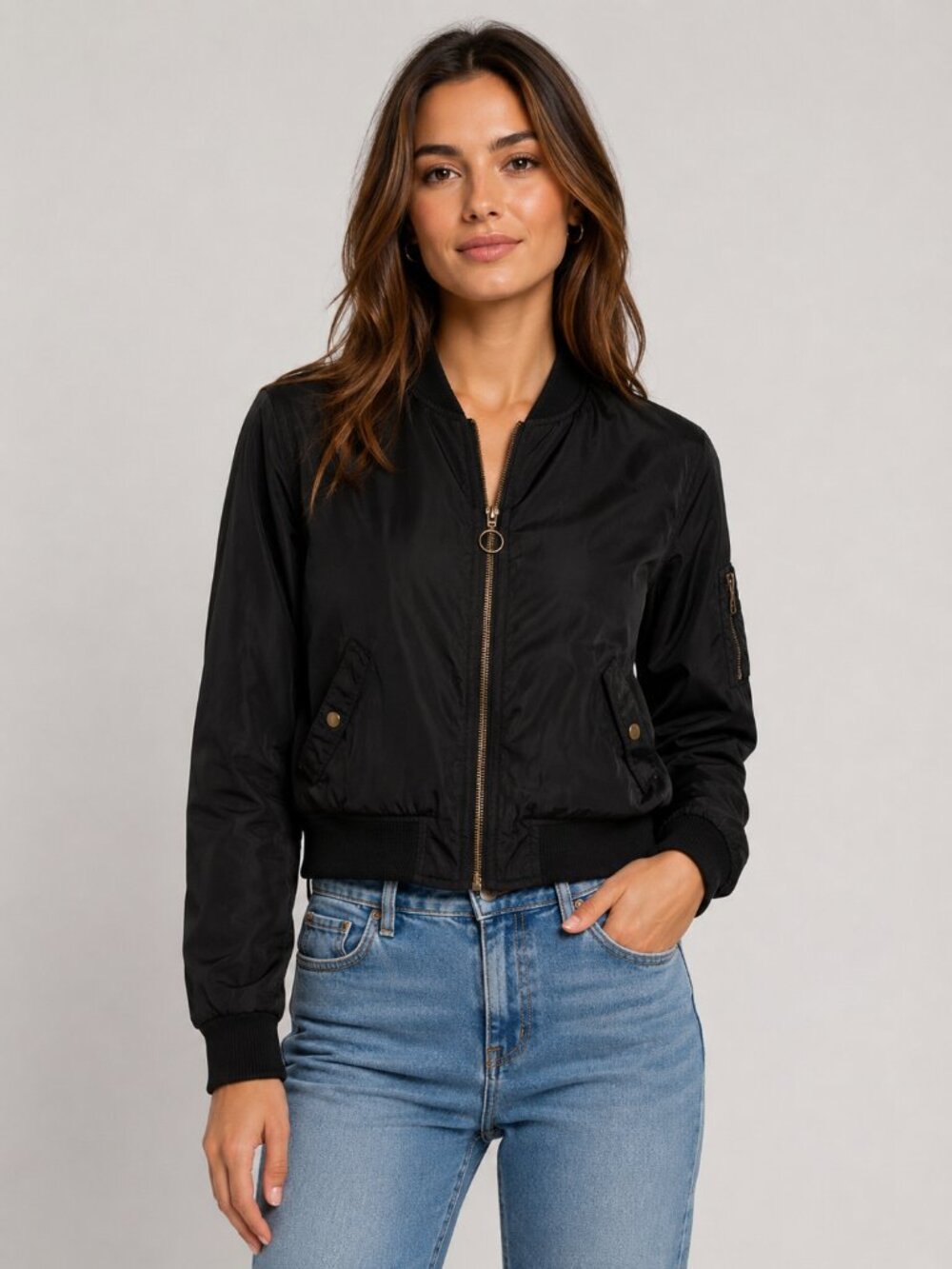 New Look Black Bomber Jacket Red Lining Zip Front Lightweight Utility Coat - Picture 1 of 10